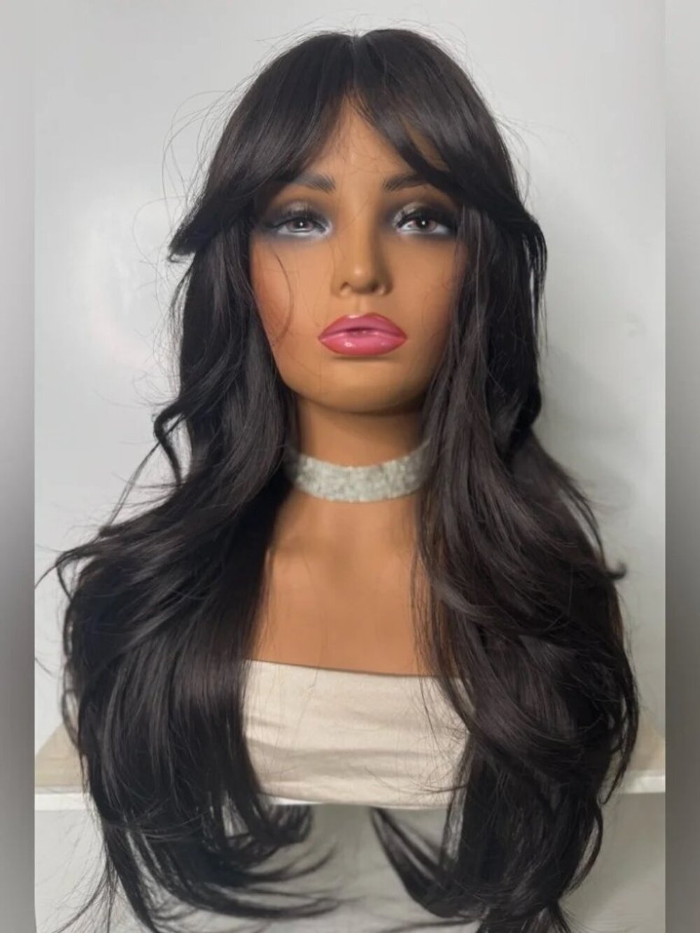 Long Black Layered Synthetic Wig – Natural Jet Black, Curtain Bangs